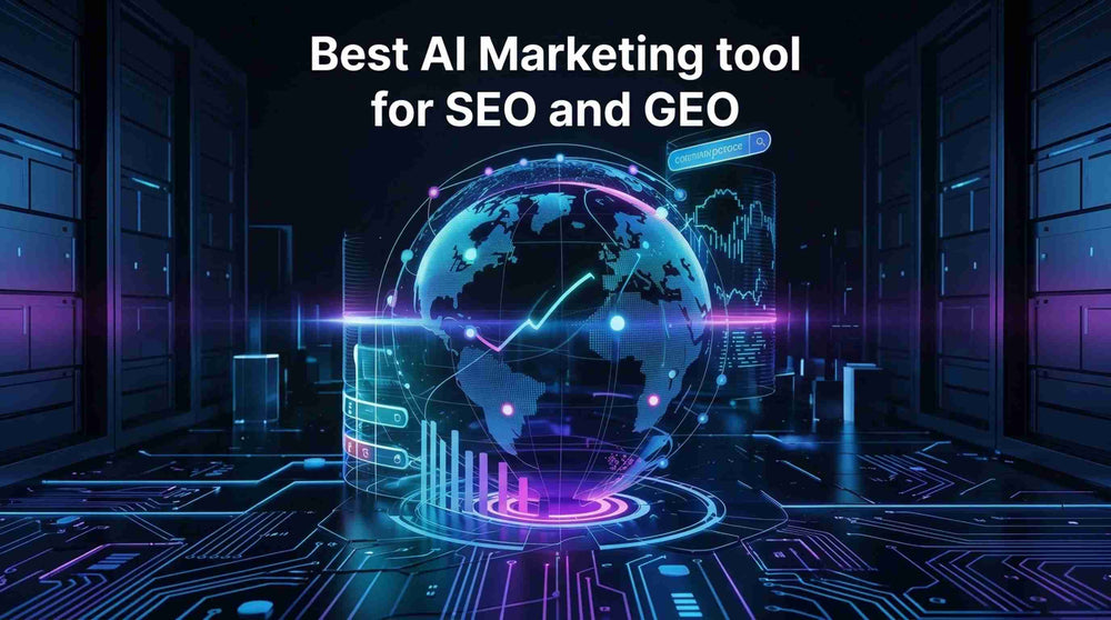 Futuristic AI search analytics globe illustrating SEO and GEO, with data networks, search interfaces, performance charts, and global brand visibility.