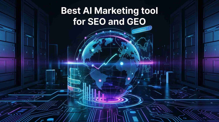 Futuristic AI search analytics globe illustrating SEO and GEO, with data networks, search interfaces, performance charts, and global brand visibility.