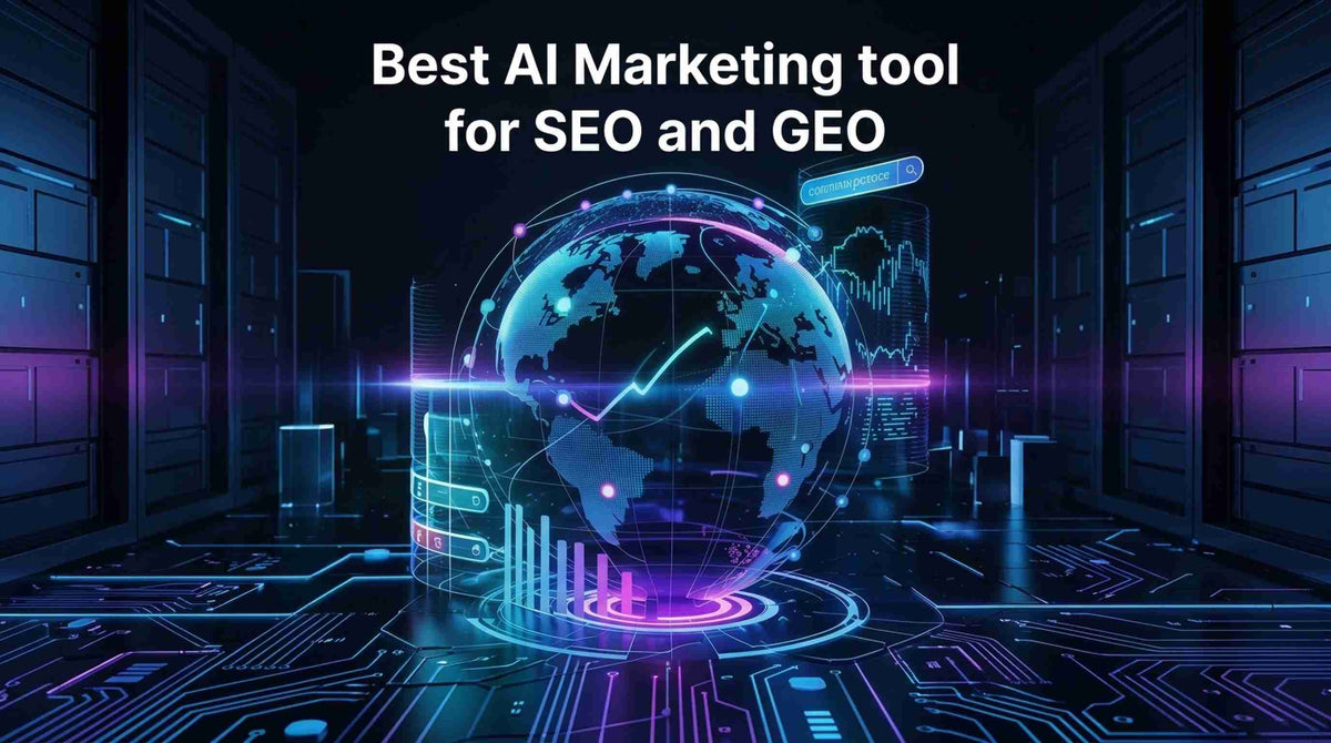 Futuristic AI search analytics globe illustrating SEO and GEO, with data networks, search interfaces, performance charts, and global brand visibility.